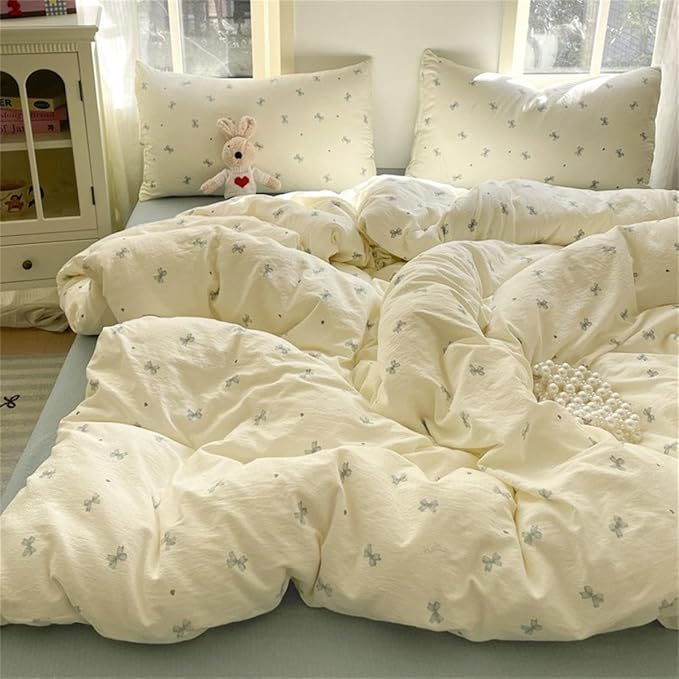 Bow Bedding Set Queen Size Blue Bowknot Duvet Cover with Heart Printed 3 Pcs Kids Boys Girls Princess Style Cute Bows Reversible Duvet Cover Set with Zipper Closure