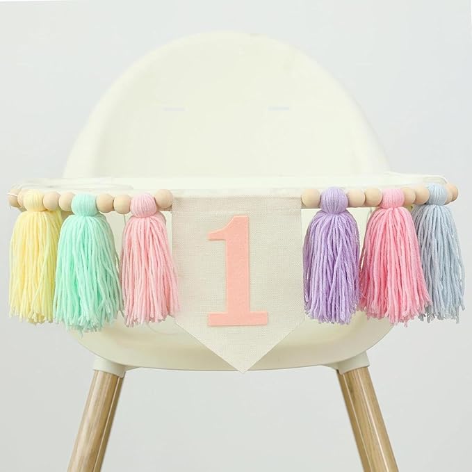 Boho Macaron Handmade 1st Birthday High Chair Banner First Highchair Banner For Baby Girls Wood Bead Tassel Garland 1 Birthday Party Decorations Princess Photoshoot Props Photo Props