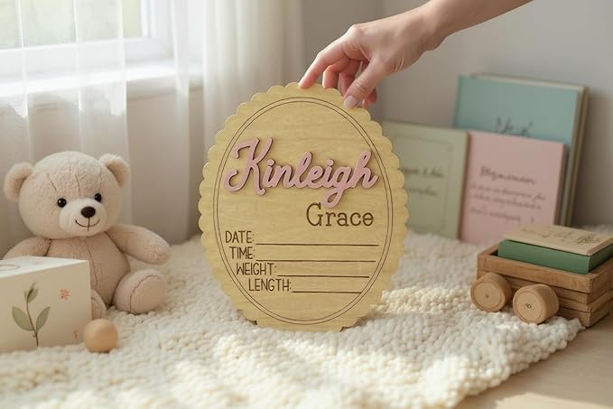 Personalized 3D Baby Name Sign with Floral Design, Scallop Engraved Birth Announcement Plaque, Baby Shower - Newborn Keepsake (Name + Stat Sign Bundle)