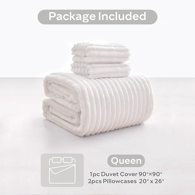 JELLYMONI Plush Duvet Cover Set - Queen Size Beige Striped Fluffy Comforter Cover 3pcs Bedding Set Luxury Ultra Soft Faux Fur Duvet Cover with Zipper and 2 Pillowcases (NO Comforter)