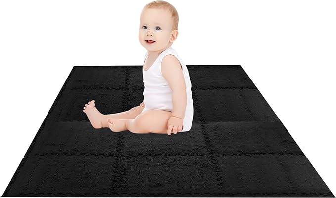 12 pcs Thickened Plush Foam Interlocking Floor Mats, Interlocking Foam Tiles with Edgings for Kids, Soft Anti-Slip Puzzle Area Square Rug Playmat for Children Room Flat (11.8", Black)