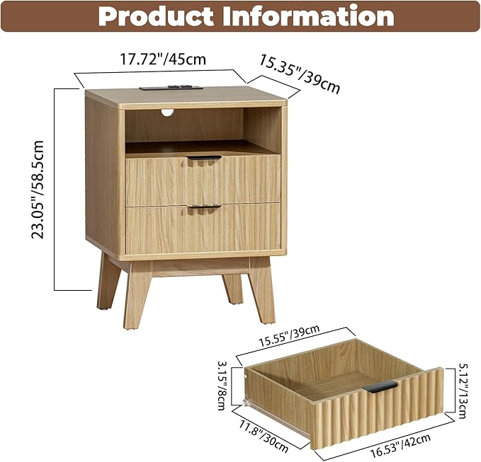 Nightstand Set of 2 with Charging Station, Modern Fluted 2 Drawers End Tables, Side Tables with Storage Shelf for Bedroom, Office, Natural Oak