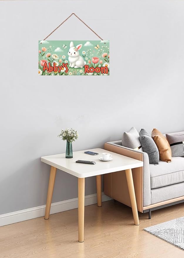 Personalized Sign - Sweet Rabbit and Flowers Door Sign & Wall Art - Flower Sign for Nursery Decor, Kids' Room Decor, Door Signs, Wall Hangers