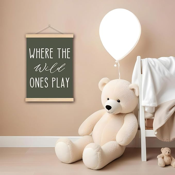 DNEULYR Green Nursery Wall Art Poster, Kids Playroom Wall Decor, Where the Wild Ones Play Poster Hanger Frame for Toddler Kids Room Bedroom Nursery Playroom, 12x16 Inches