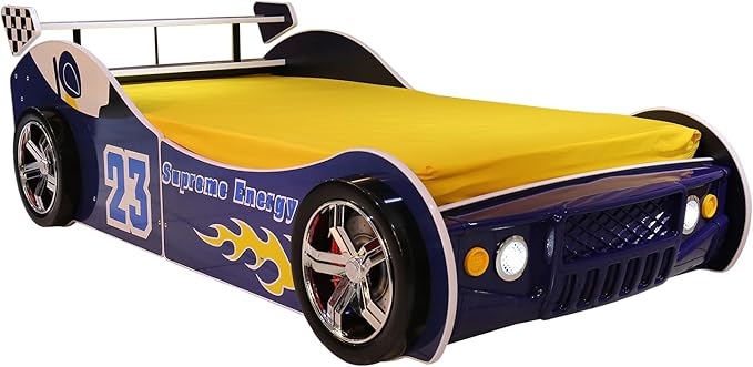 HMFULE Twin Bed Frames for Kids, Wood Race Car-Shaped Bed Frame Platform with Wheels LED Lights & Slat Support for Toddler, Teens, Boys or Girls, No Box Spring Needed (Blue)