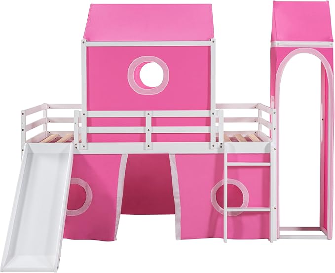 Playhouse Design Twin Size Low Loft Bed with Slide & Tent and Tower, Solid Wood Tent Bed Frame for Kids Boys Girls, Versatile Spacious Under Bed Space with Curtains (Pink-TW)