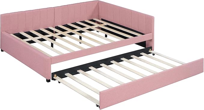Harper & Bright Designs Full Size Upholstered Daybed with Trundle Sofa Bed Frame for Boys Girls Kids Adults Toddler No Box Spring Needed, Linen Fabric(Pink)