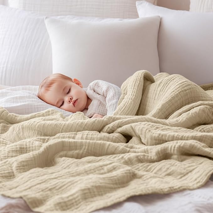 EMME Muslin Baby Blankets 100% Cotton 4-Layer Swaddle 40"x50" Lightweight Soft Breathable Light Tan for Toddler, Infant, Newborn, Boys and Girls All Season Gauze