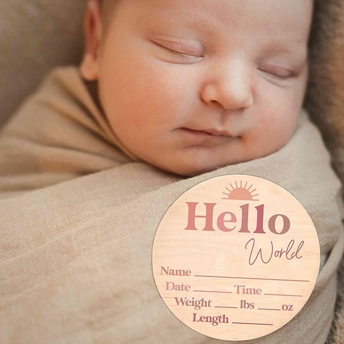 Hello World Newborn Sign - Baby Name Birth Announcement Plaque for Hospital - Photo Prop - Nursery Decor - Shower Gift