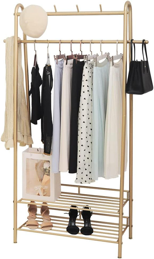 Gold Clothing Rack Freestanding Industrial Garment Rack with Double Shelves Heavy Duty Metal Modern Clothes Rack Stand Multi-functional Coat Hanger Rack Stand for Boutiques Bedroom