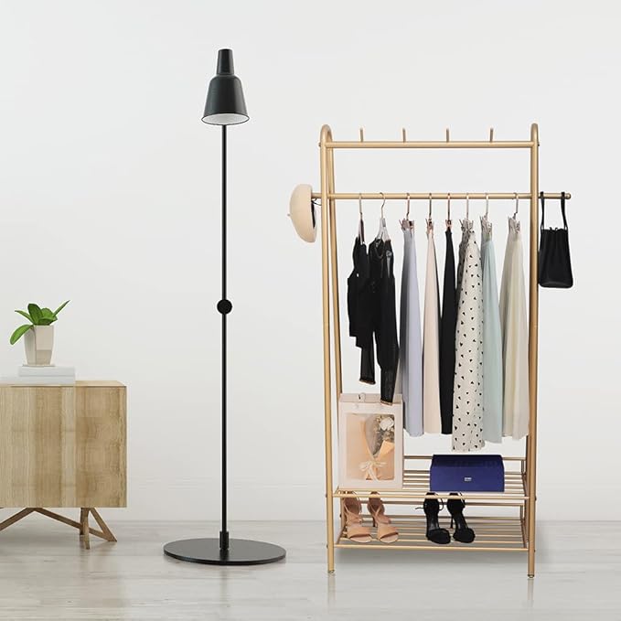 Gold Clothing Rack Freestanding Industrial Garment Rack with Double Shelves Heavy Duty Metal Modern Clothes Rack Stand Multi-functional Coat Hanger Rack Stand for Boutiques Bedroom