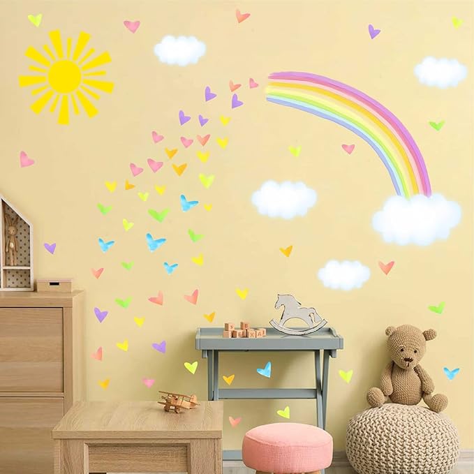 Colorful Rainbow Wall Decals Sun Cloud Wall Decals Colorful Heart Wall Stickers Watercolor Yellow Sun Decal Large Rainbow Wall Stickers for Girls Room Kids Bedroom Nursery Decor