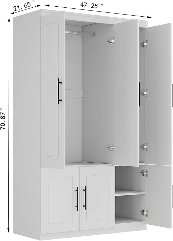 3 Door Armoire Wardrobe Closet with Mirror: White Wood Wardrobe Closet Cabinet Wooden Bedroom Armoire with Hanging Rods for Home/Bedroom/Living Room