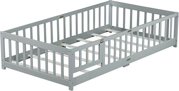 Twin Size Floor Bed for Kids, Wood Montessori Floor Beds with Fence Railings, Door & Slats Support, Twin Playhouse Bed Frame for Boys Girls, No Box Spring Needed, Gray