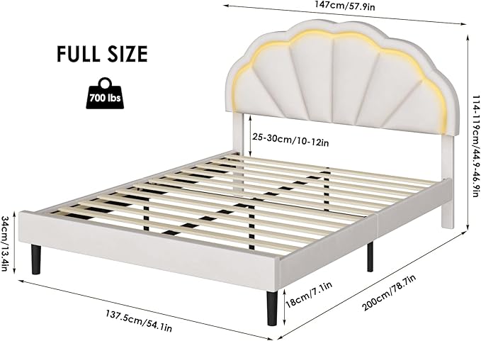 HIFIT Full Upholstered Smart LED Bed Frame with Adjustable Chic Petal Headboard, Princess Full Size Platform Bed Frames for Kids/Girls, Wooden Slats Support, No Box Spring Needed, Easy Assembly, Beige