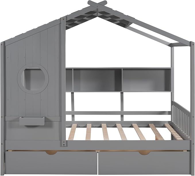 Merax Full House Bed with 2 Drawers and Storage Shelf for Kids, Modern Full Size House Bed Frame with Roof, Wooden Montessori Bed Full Size for Boys Girls, No Box Spring Needed, Grey
