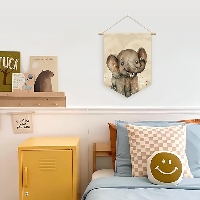 Safari Nursery Decor, Elephant Watercolor Wall Art Canvas Banner, Woodland Nursery Decor, Watercolor Animal for Toddler Room, Elephant Canvas Hanging Pennant Flag Banner, Gift for Baby Girl Boy