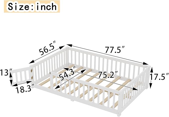 Bellemave Full Size Montessori Floor Bed Frame with Rails & Door, Solid Wood Kids Floor Bed Full with Removable Slats, Low Profile Montessori Bed for Children’s Sleep & Play, White
