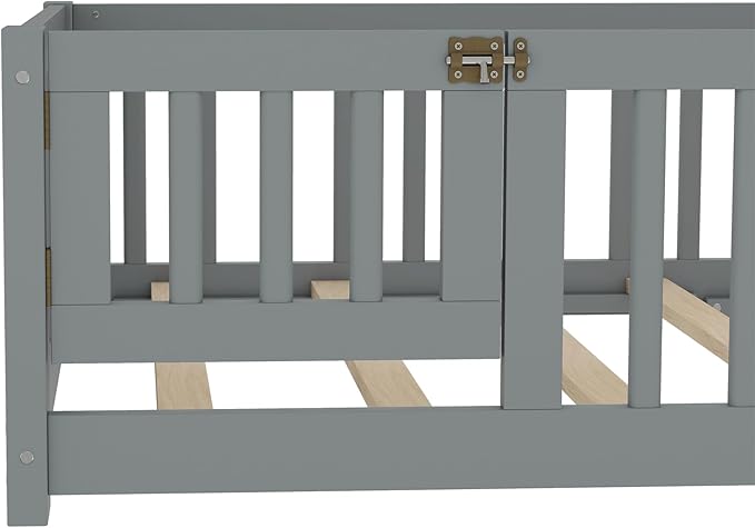Bellemave Twin Size Floor Bed Frame with Fence and Door for Kids, Montessori Floor Bed with Slats and Safety Guardrails,Solid Wood Twin Bed Frame for Girls Boys,Grey