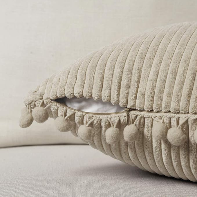 Fancy Homi 24x24 Pillow Covers, Pack of 2 Tan Throw Pillow Covers with Pom-poms, Super Soft Corduroy Square Solid Cushion Cover for Couch Sofa Bedroom Living Room 60x60 cm