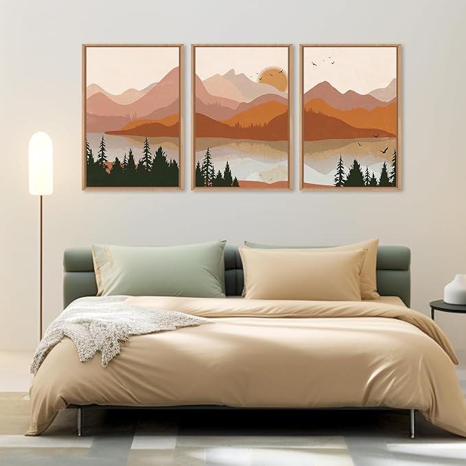 HLNIUC Burnt Orange Wall Decor, Boho Mountain 16x24 Wall Art Framed Large, Southwest Terracotta Nature Art Canvas Painting, Mid Century Modern Rustic Sunset Prints for Living Room, Bedroom, Office