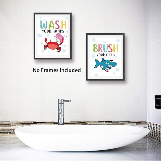 Funny Colorful Cartoon Sea Life Themed Bathroom Inspirational Quotes Art Print Humorous Quotes Painting, Toilet Rules Art Picture for Children Washroom Bathroom Decor, Set of 4 8X10 inch, No Frame