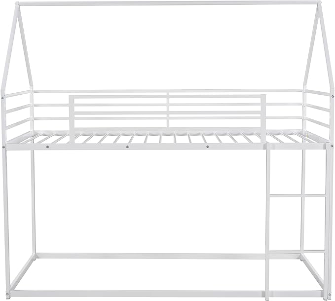 MERITLINE Metal Bunk Bed Twin Over Twin Size House Shaped Bunk Bed Frame Low Bunk Beds for Kids and Toddlers, Twin Size