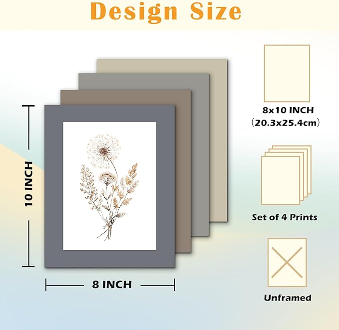 JINYO Vintage Boho Neutral Wildflower Wall Art Prints Set of 4, Floral Wall Decor, Cottagecore Botanical Floral Wall Decor Posters Pictures for Home Bedroom Living Room, 8x10 Unframed