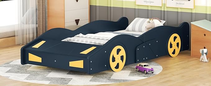 Twin Size Race Car-Shaped Platform Bed Bedframe with Wheels and Storage, 90.6" L x 40.3" W x 15,7" H Blue+Yellow