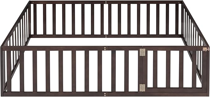 Merax Full Floor Bed with Safety Guardrails and Door, Wood Montessori Floor Bed Frame for Kids, Full Playhouse Bed Frame for Baby Girls and Boys, Walnut