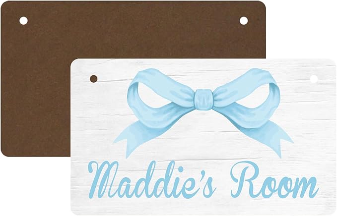 Personalized Blue Bow Kids Room Door Sign Custom Name Girls Boys Bedroom Decor Toddler Baby Nursery Wood Art Wall Plaque 12x6 Inches