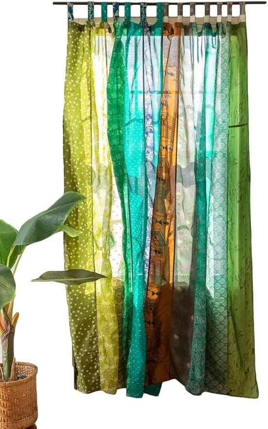 YILLE Boho Silk Sari Curtain Panel,1 Piece Vintage Handmade Lightweight Recycled Indian Silk Saree Window Drapes for Bohemian Living Room, Aesthetic Home Décor Wall Hanging - Green, 84 X 43 in