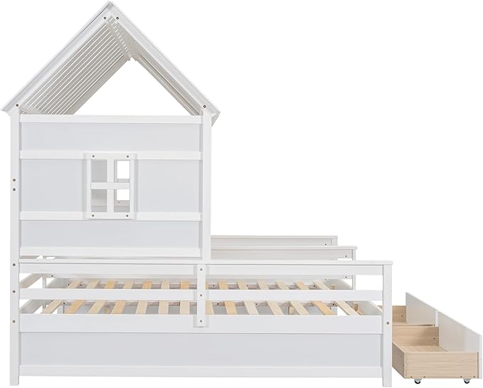 P PURLOVE Double Shared Bed,Two Twin Size House Platform Beds with Drawers for Boy and Girl, House Bed Frame Combination of 2 Side by Side Twin Size,White