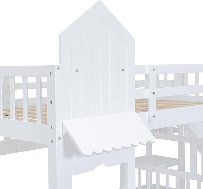 Full-Over-Full Castle Style Bunk Bed with 2 Drawers and 3 Shelves, Wood Bunk Bed Frame with Slide and Storage Staircase for Kids Teens Boys Girls, Maximize Space Savings (White +Full-3)