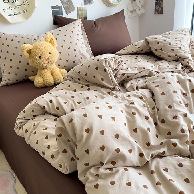 Light Khaki Duvet Cover King 3Pcs Chocolate Brown Love Heart Bedding Set Simple Fashion Love Heart Shaped Pattern Bedding Reversible Soft Microfiber Zipper Closure