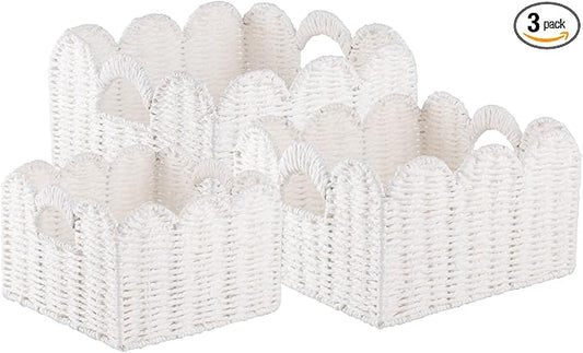 OIAHOMY Scalloped Wicker Baskets, Hand-woven Storage Baskets with Built-in Handles, Paper Rope Shelf Baskets for Organizing and Decoration, Set of 3-White