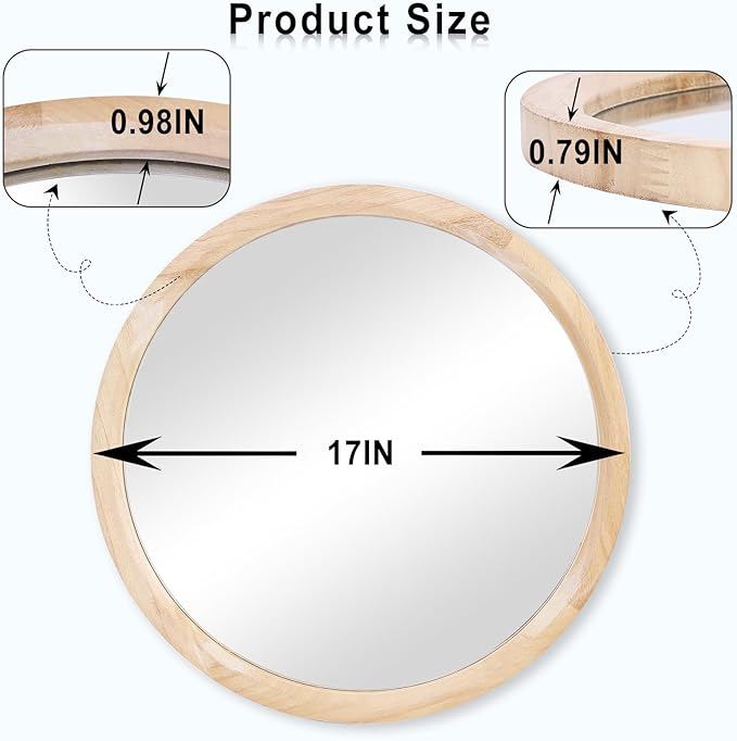 MAGFLERUM 17 Inch Round Wood Mirror - Small Circle Nursery Boho Wall Decor for Bedroom, Living Room, Hallway (Nature)