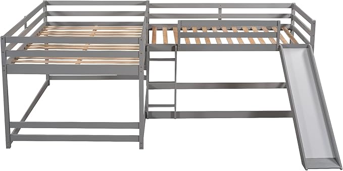 L-Shaped Full and Twin Size Bunk Bed with Slide and Short Ladde, Solid Wood 4 in 1 Design Quad Bunk Bed Frame with Safety Guardrail for Aldults Kids Teens (Gray-4)