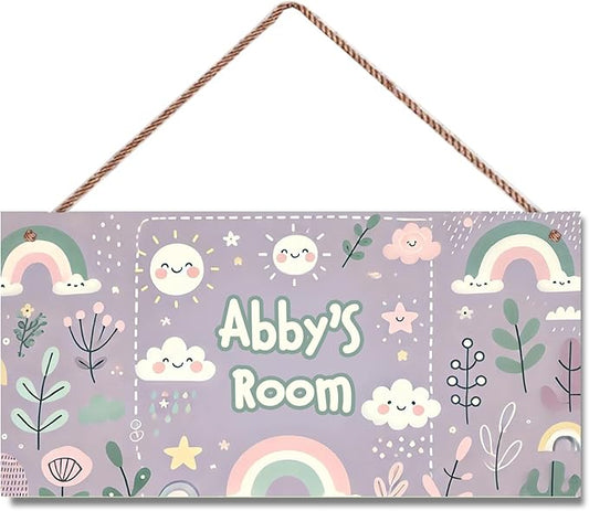 Personalized Name's Sweet Cloud Sky Room Door Sign Rainbow Decor For Nursery Kid's Children's Girls Bedroom Decor Wood Door Plaque Sign