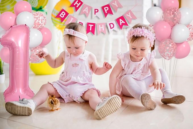 First Birthday Decorations for Girl - Pink Balloon Set With White Confetti, 40-inch '1' Balloon and Happy Birthday Banner for Baby Princess
