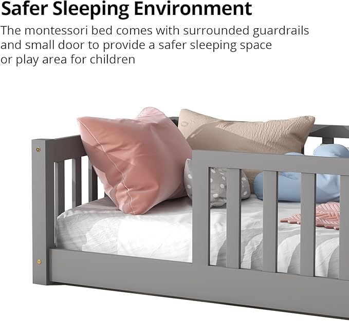 LLS Twin Floor Bed for Kids Solid Wood Montessori Bed Frame with Safety Guardrails Multifunctional Montessori Floor Bed for Toddlers, Without Door, Easy Assemble, Gray