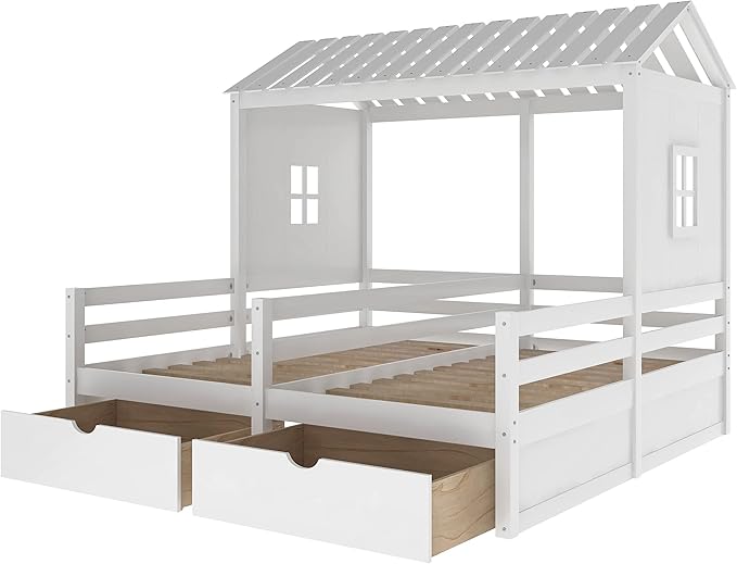 P PURLOVE Twin Double Shared Bed,Twin Size House Platform Beds with Two Drawers for Boy and Girl Shared Beds, Montessori House Bed Frame Combination of 2 Side by Side Twin Size Beds,White