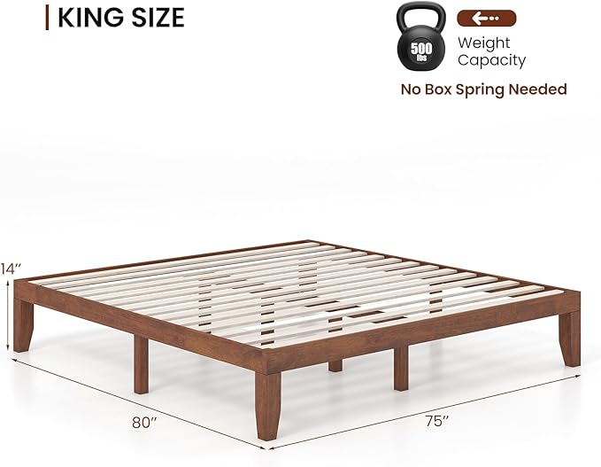 KOMFOTT 14 Inches Wood Platform Bed Frame King Size, Wooden Mattress Foundation with Rubber Wood Frame, Strong Wooden Slat Support, No Box Spring Needed, Bed Frame (Brown Cherry)