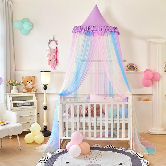 Kertnic Rainbow Bed Canopy for Girls Dreamy Mosquito Net for Bed Round Dome Princess Bed Canopy Girl Room Play Tent Kids Canopy Bed Netting Curtains (Single Layer- Purple)