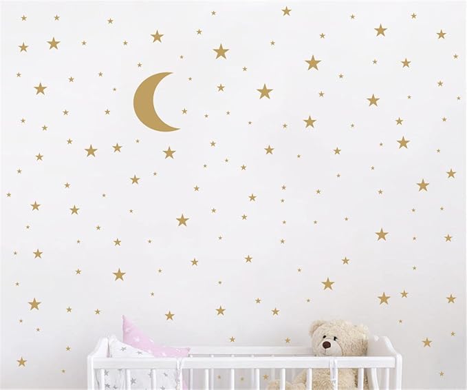 Moon and Stars Wall Decal Vinyl Sticker for Kids Boy Girls Baby Room Decoration Good Night Nursery Wall Decor Home House Bedroom Design YMX16 (Matte Gold)