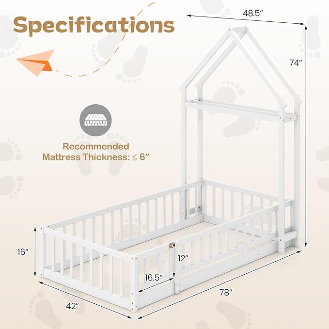 KOMFOTT Twin Size Floor Bed with House-Shaped Headboard, Kids Montessori Floor Bed with Detachable Clothes Hanger, Full Length Safety Guardrails, Door & Latch, Solid Wood Floor Bed Frame