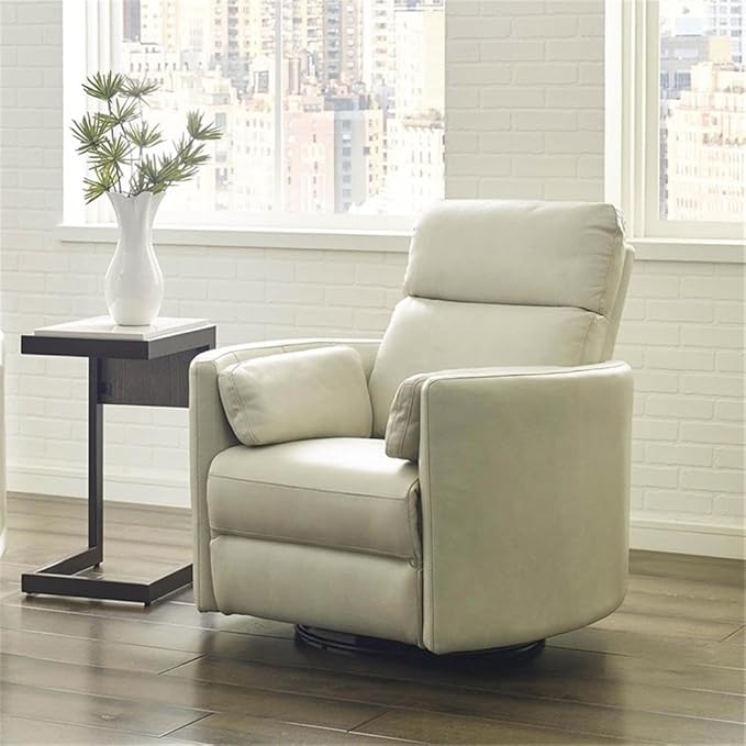 Pemberly Row Leather Power Cordless Swivel Glider Recliner in Ivory with USB Charging Ports and 2 Comfort Pillows for Living Room