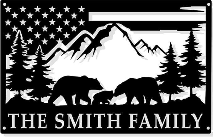 Custom American Bear Family Scene Metal Wall Sign, Personalized Family/Last Name Signs, Lodge Decor, Rustic Cabin/Living Room/Bathroom Decor, Wildlife Lover's Gift