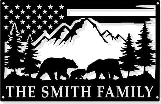 Custom American Bear Family Scene Metal Wall Sign, Personalized Family/Last Name Signs, Lodge Decor, Rustic Cabin/Living Room/Bathroom Decor, Wildlife Lover's Gift