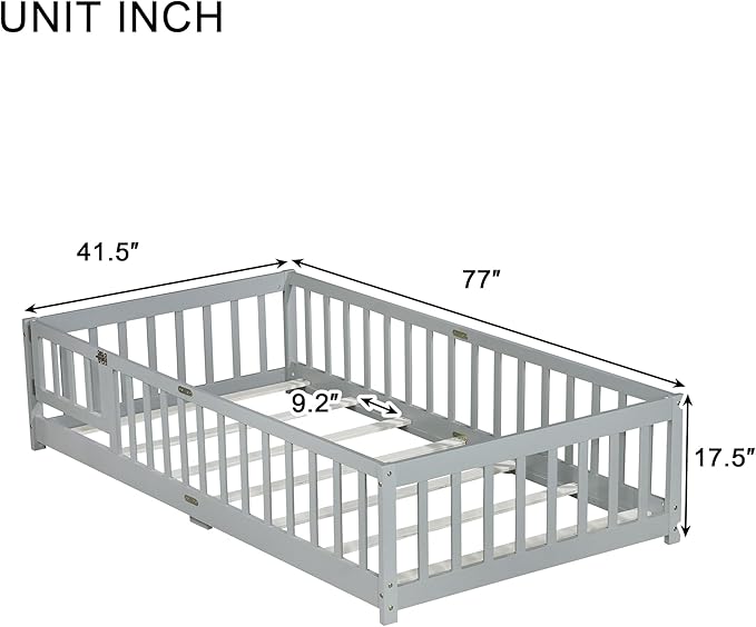 Twin Size Floor Bed for Kids, Wood Montessori Floor Beds with Fence Railings, Door & Slats Support, Twin Playhouse Bed Frame for Boys Girls, No Box Spring Needed, Gray